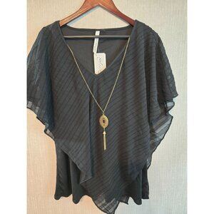 Black Sheer Overlay Asymmetrical Top With Necklace Accent Size 2X NY Collection